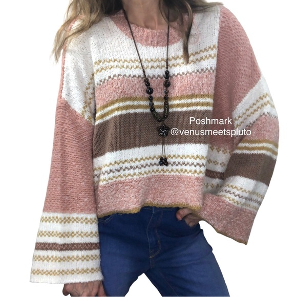 Sincerly Jules Sweaters - Sincerely Jules Cropped Oversized Sweater Sz S Striped Wool Blend Flared Sleeve